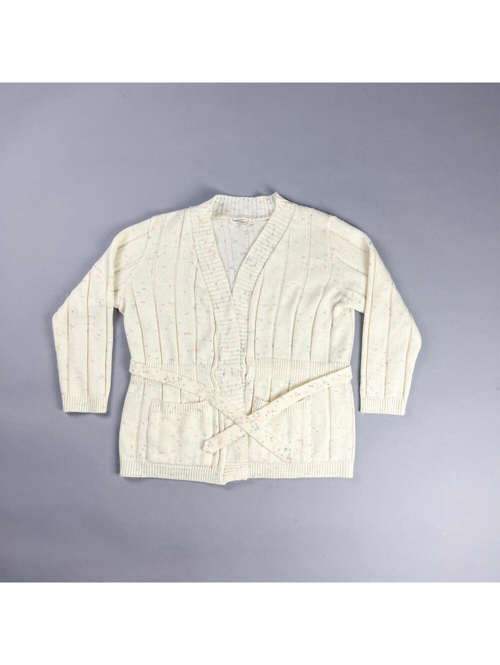 Vintage Women's Cardigan | 70's Cream Knit Button Up Sweater with Belt